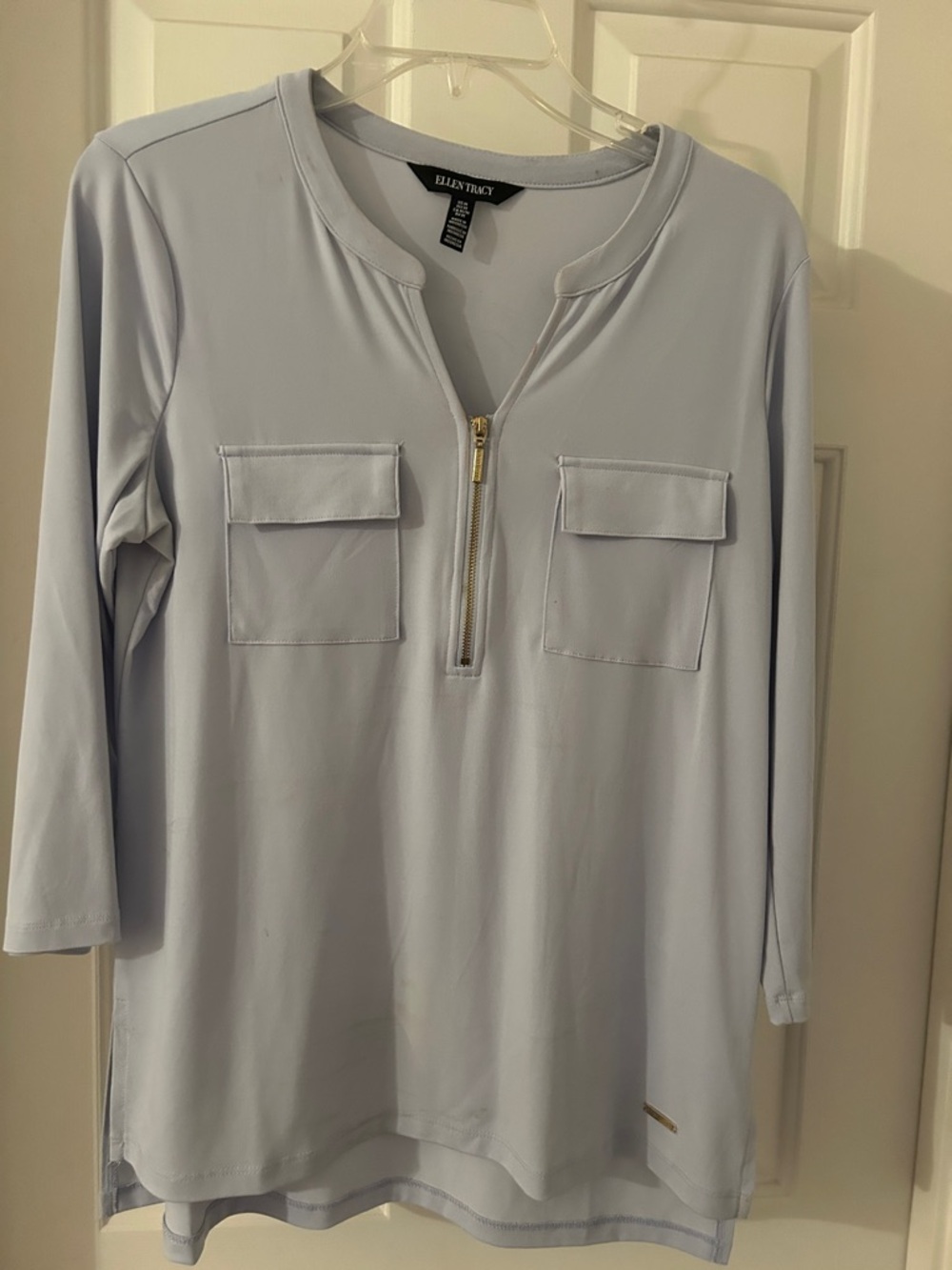 Ellen Tracy Pale Blue Zip-Front Pocket Long Sleeve Tunic